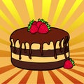 Pop art background, sun rays multicolored. Food for the holiday, chocolate cake with strawberries. Raster