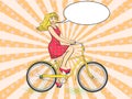 Pop art background with sun rays. Young beauty woman ride bicycle retro raster. Comic book style imitation. Text bubble