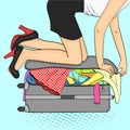 Pop art background.Tema travel and female gathering. Things that do not fit into the suitcase. Vector Royalty Free Stock Photo