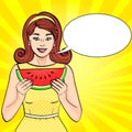Pop art background text bubble. Retro young girl eating watermelon. Proper nutrition. imitation comics style. Raster