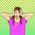 Pop art background. Young girl, brunette screams, holds herself by the head. Psychological disease, hysterics. Comic