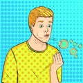 Pop art background. Young guy and soap bubbles. A game for children. Vector, comic style. Royalty Free Stock Photo