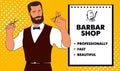 Pop art barbershop advertising layout. Male master on a yellow background
