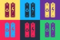 Pop art Battery with recycle symbol - renewable energy concept icon isolated on color background. Vector Royalty Free Stock Photo