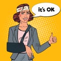 Pop Art Beaten Business Woman with Bandaged Arm Smiling. Royalty Free Stock Photo
