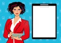 Pop Art Beautiful Business Lady in Suit Writing in Notepad. Mock up for text