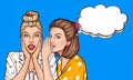 Pop art beautiful girl share gossips or secrets to the ear Royalty Free Stock Photo