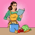 Pop Art Beautiful Housewife Cooking Soup in the Kitchen with Book of Recipes