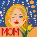 Pop art Beautiful Woman with Bunch of Flowers. Vector illustration in retro style, love mom Royalty Free Stock Photo