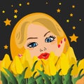 Pop art Beautiful Woman with Bunch of Flowers. Vector illustration in retro style Royalty Free Stock Photo