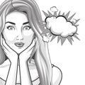Pop art beautiful woman cartoon in black and white Royalty Free Stock Photo
