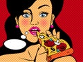 Pop art beautiful woman eating tasty pizza