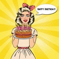 Pop Art Beautiful Woman Holding a Plate with Happy Birthday Cake with Candles Royalty Free Stock Photo