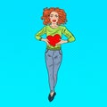 Pop Art Beautiful Woman in Love with Plush Heart Royalty Free Stock Photo