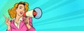 Pop art beautiful woman with megaphone banner Royalty Free Stock Photo