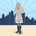 Pop Art Beautiful Woman Posing in Warm Fur Coat in the City. Girl in Winter Clothes