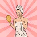 Pop Art Beautiful Woman Removing Makeup from her Face in Bathroom