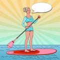 Pop Art Beautiful Woman on the Stand Up Paddle Board. Girl in Swimsuit on SUP Royalty Free Stock Photo