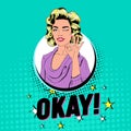 Pop Art Beautiful Woman Winking and Showing Sign OK. Joyful Girl Vintage Poster with Comic Speech Bubble. Pin Up Royalty Free Stock Photo