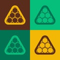 Pop art Billiard balls in a rack triangle icon isolated on color background. Vector Royalty Free Stock Photo