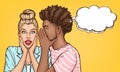 Pop art black man whispering of gossips, secrets to surprised girl