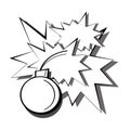 Pop art black and white detonation of a bomb with sparks and flashes from explosions. Cartoon comic book illustration