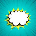 pop art blank chat bubble halftone background with rays explosion