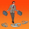 Pop Art Blindfolded Businessman Walking with Money Over the Traps. Investment Risk