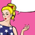 Pop Art blond girl with snapping hand with speech bubble,.Pop Art girl. Party invitation. Birthday greeting card.