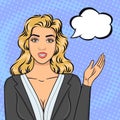 Pop art blonde business woman in suit pointing on speech bubble, offering succesful idea or strategy, vector illustration Royalty Free Stock Photo