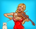 pop art blonde girl in red lingerie playing violin, singing song with white cat. Pin up concept with woman