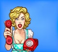 Pop art blonde girl with a retro phone surprised by a good phone customer service