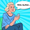 Pop Art Blonde Woman is Reading Text Message on Smartphone. Mobile Technologies