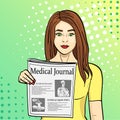 Pop art blue background. Young girl shows stretching newspaper with news. Journalism, medical journal. Raster with text.