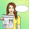 Pop art blue background. Young girl shows stretching newspaper with news. Journalism, medical journal. Vector with text