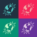 Pop art Bomb explosive planet earth war danger icon isolated on color background. Vector Royalty Free Stock Photo