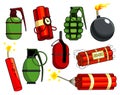 Pop art bombs collection in comic retro style. Terrorism is a danger of destruction. Set of cartoon burning dynamite Royalty Free Stock Photo