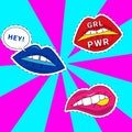 Pop art. Bright female lips, abstract card or poster, girl poser and hey text, trendy girl face part, sexy smile, comic