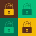 Pop art Broken or cracked lock icon isolated on color background. Unlock sign. Vector