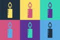 Pop art Burning candle icon isolated on color background. Cylindrical candle stick with burning flame. Vector Royalty Free Stock Photo