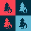 Pop art Burning forest trees in fire flames icon isolated on color background. Natural disaster concept. Vector Royalty Free Stock Photo