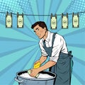 Pop art businesman washes the dollar. Money laundering business concept