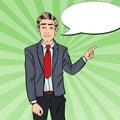 Pop Art Business Man Pointing Finger on Copy Space. Business Presentation Royalty Free Stock Photo