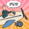 Pop Art Business Man Riding Plane with Comic Speech Bubble Royalty Free Stock Photo