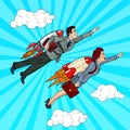 Pop Art Business People Flying on Rockets to Success. Creative Start Up Concept
