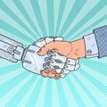 Pop Art Business Robot and Human Handshake. Intelligence Technology