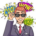 Pop art business success businessman saying cool, yes, wow vector illustration. Business people pop art successful trade