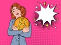 Pop Art Business Woman with Big Golden Bitcoin Coin. Crypto Currency Concept. Virtual Money Advertising Poster