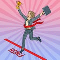 Pop Art Business Woman with Golden Winner Cup Crossing Finish Line Royalty Free Stock Photo