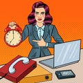 Pop Art Business Woman Holding Alarm Clock at Office Work with Laptop